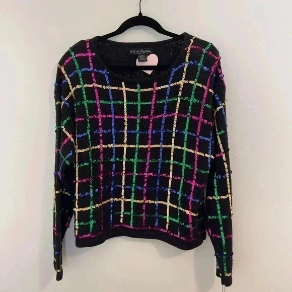 Vintage 80s 90s Regency Windowpane Sequin Sweater Sz L Long Sleeve Multicolor - Picture 1 of 13
